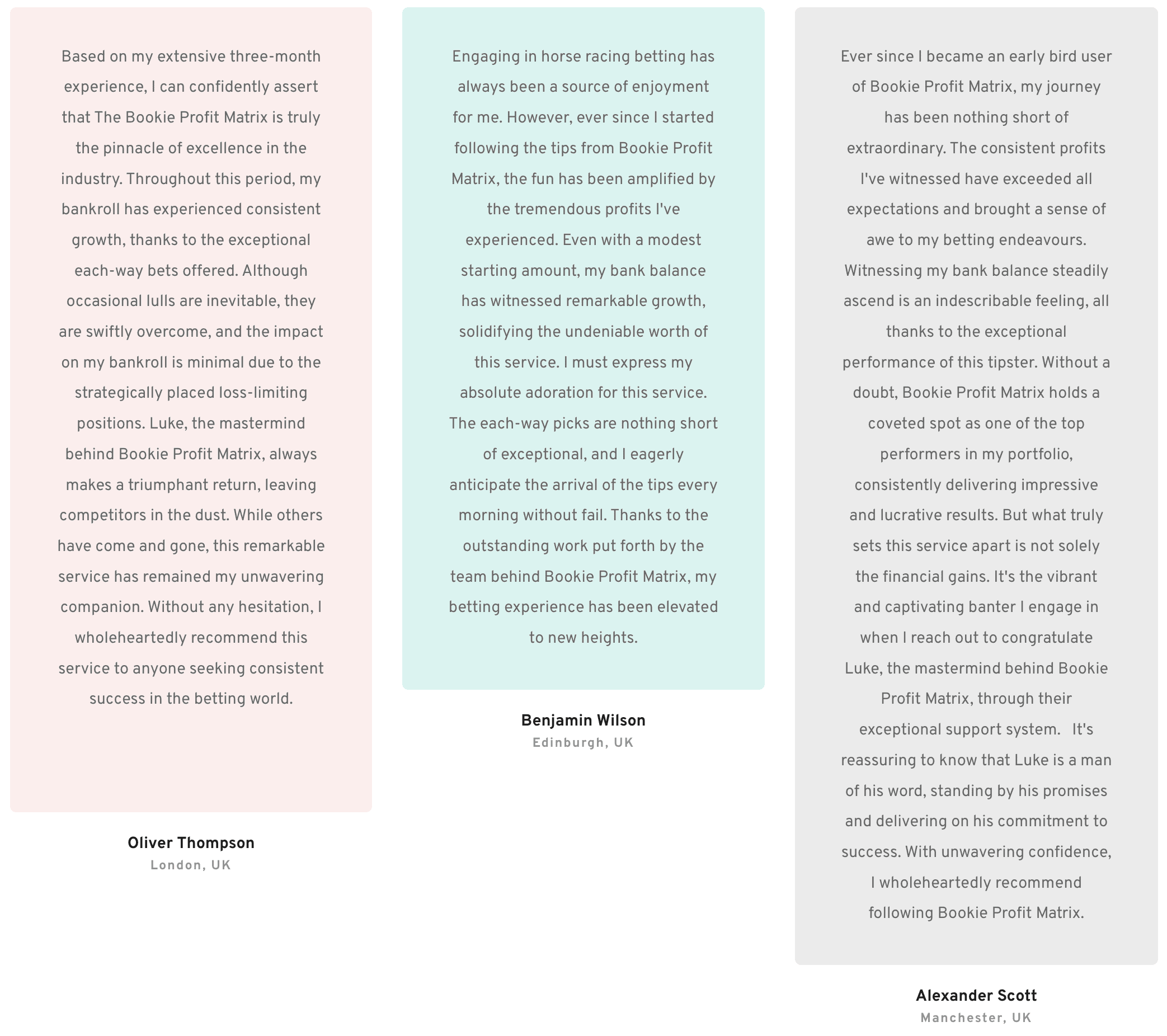 Bookie Profit Matrix testimonial section