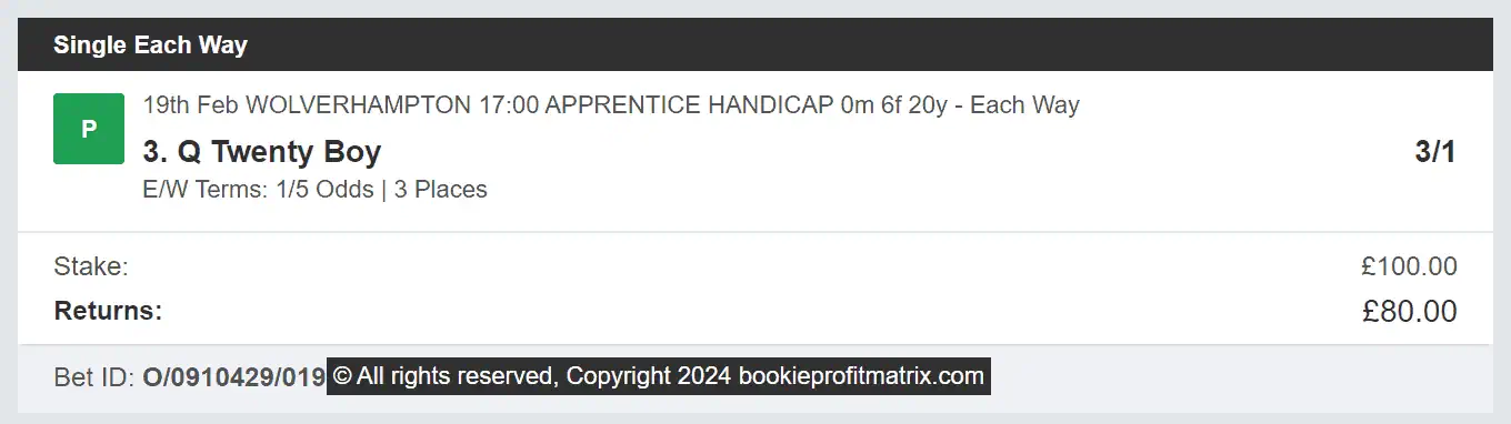 Bookie Profit Matrix - Winner 1 - 2024-02-19