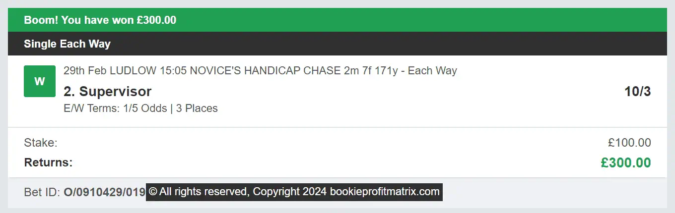 Bookie Profit Matrix - Winner 1 - 2024-02-29