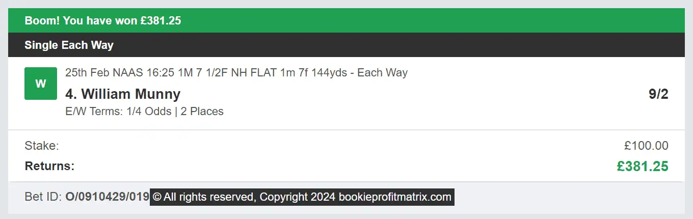 Bookie Profit Matrix - Winner 2 - 2024-02-25